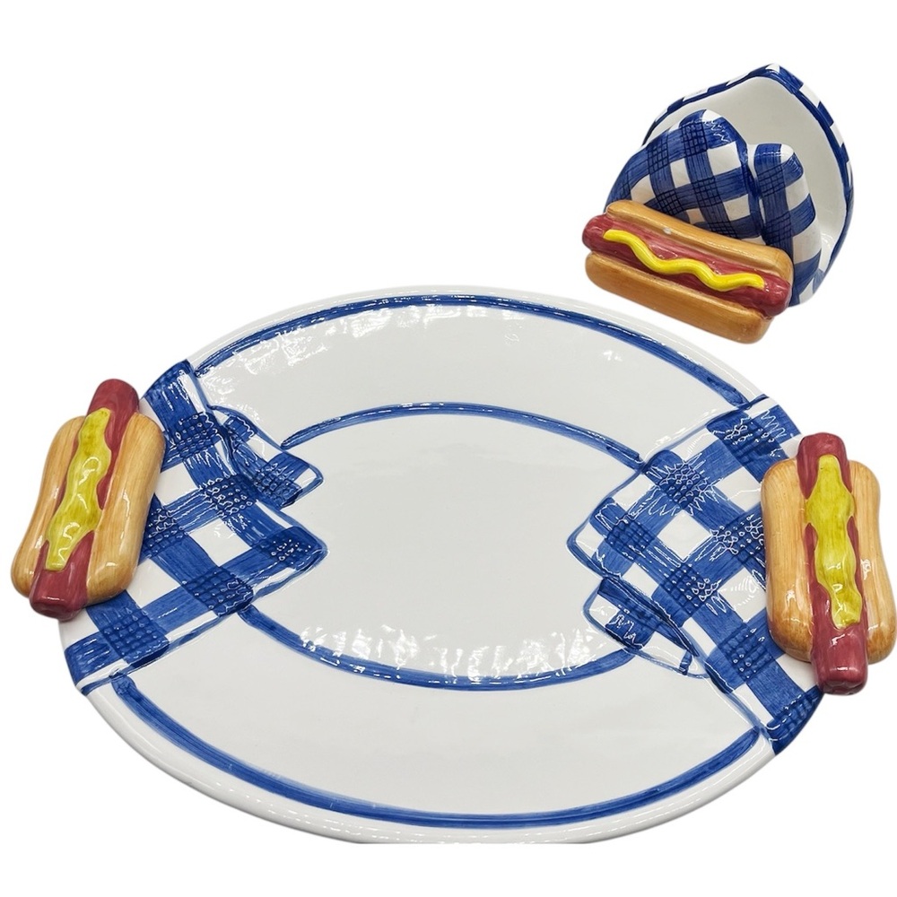 Vintage Big Hot Dog Platter By Lotus 1997 And Ceramic Lotus Napkin Holder 1998